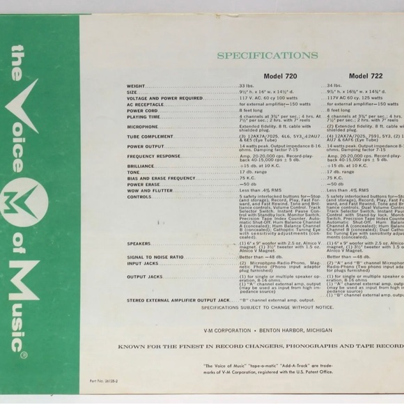The Voice of Music Owners Manual Models 722 and 720 - Picture 5 of 8